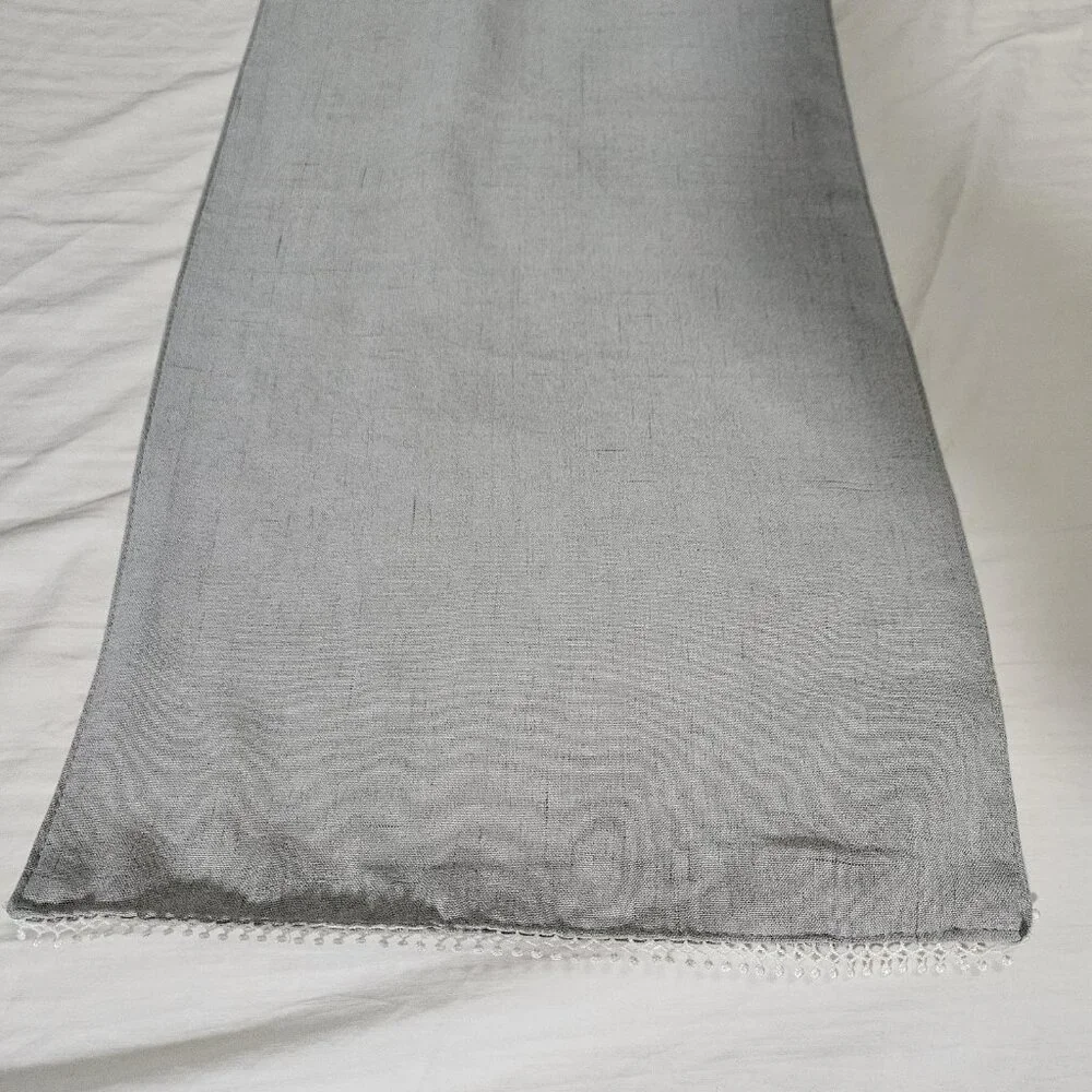 Gray Linen-Look Table Runner 70x14 Inch with Lace Trim Neutral Farmhouse Decor